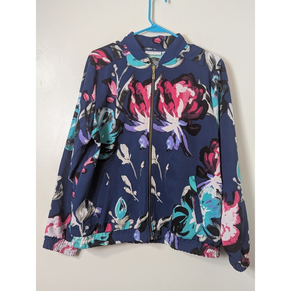Susan Graver Blue Floral Long Sleeve Full Zip Bomber Jacket Size L Stretch